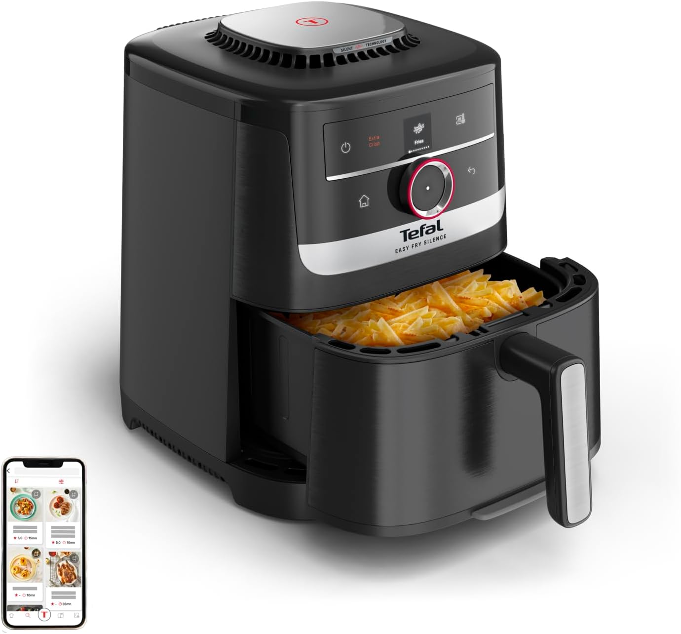 Tefal Easy Fry Smart & Silence Heißluftfritteuse, 5 Liter, extrem leise, Smart-Assist-System, von 40°C bis zu 220°C, Antihaftbeschichtung, Easy Clean & Store-System, Schwarz/Edelstahl, EY5728