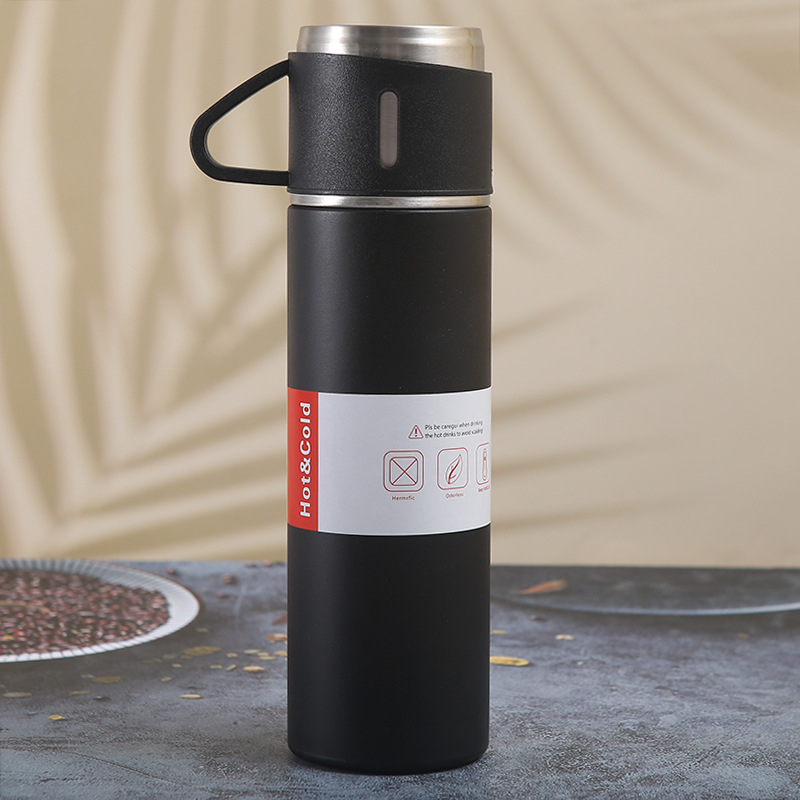 (4-tlg. Set) 500ml Edelstahl Thermo Trinkflasche Doppelwandige Camping Iso Kanne inkl. 3 Becher - Schwarz