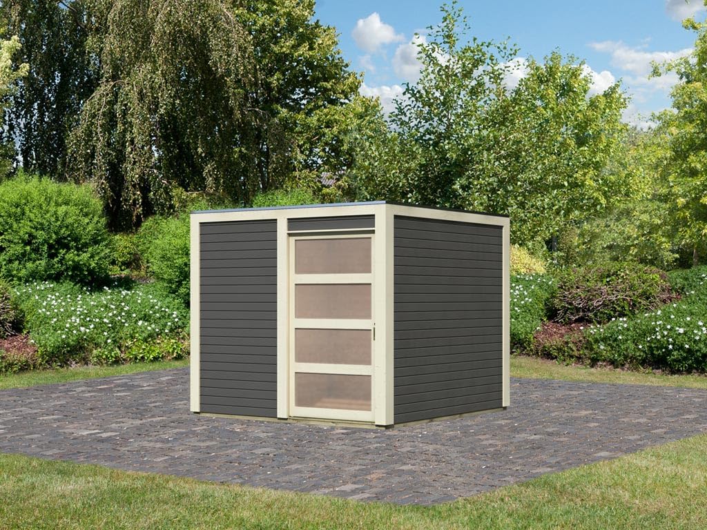 Karibu Gartenhaus Cubino | Gerätehaus mit 19 mm Wandstärke | Schuppen mit 5,76 m² Grundfläche | Tür mit Kunstglas | Steck-/Schraubsystem | Terragrau | Fichtenholz | 246 x 246 x 214 cm