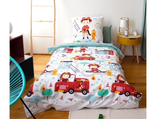 COTE DECO - Ensemble couette + 1 oreiller Parure de lit enfant pompier - 100% coton adouci 57 fils - ...