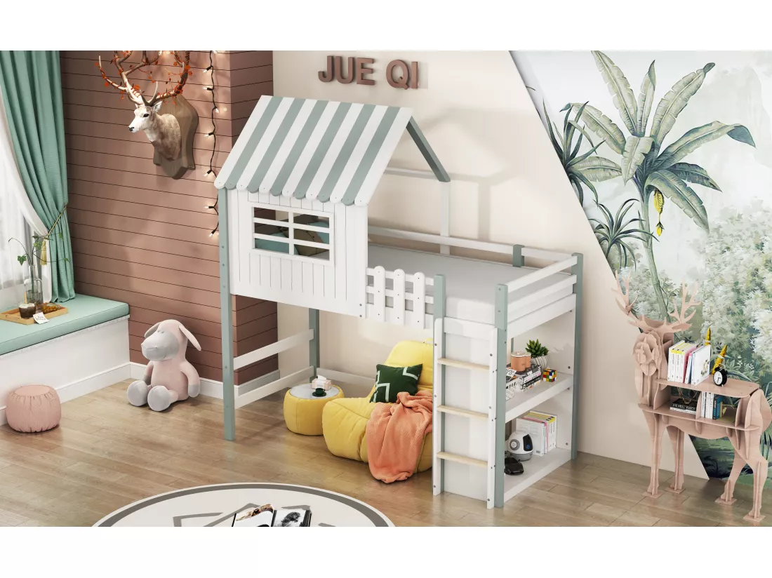 Lit mezzanine 90 x 200 cm - lit cabane avec échelle - Étagère de rangement - Bois massif - Vert