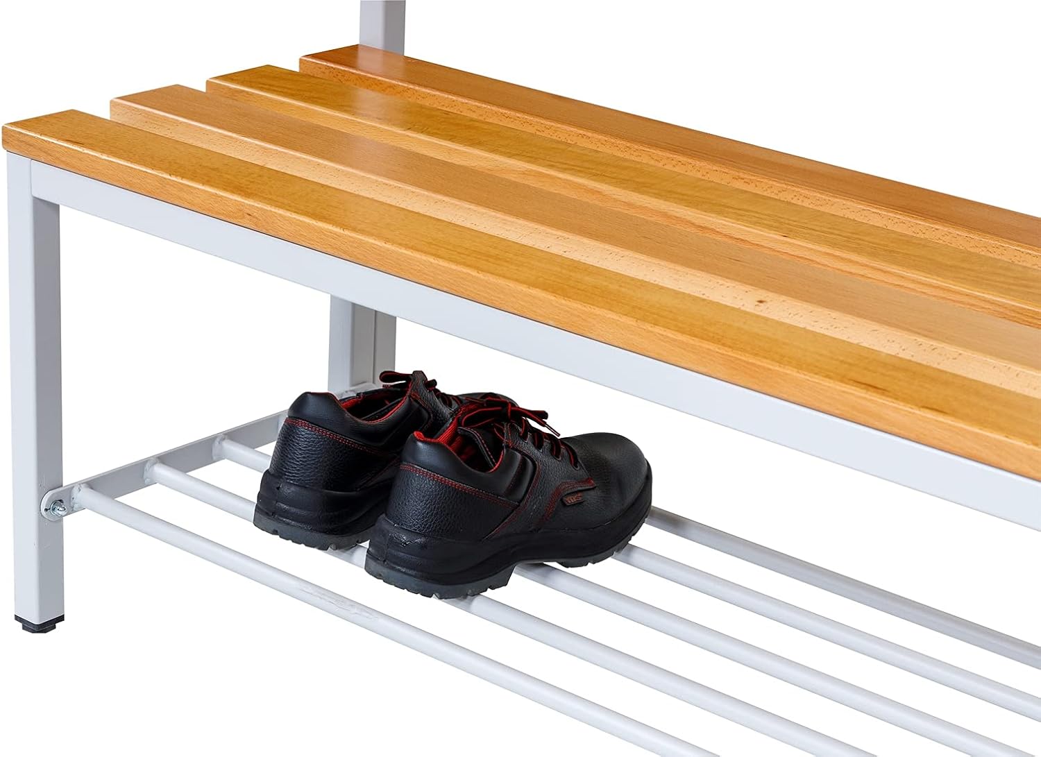 furni24 Umkleidesitzbank mit Stahlrahmen, Garderobenbank Sportraum Bank für Fitnessstudio Buche Echtholz, lackierter, Hakenleiste und TÜV/GS getestet - 200 cm Einseitige mit Schuhrost - Grau
