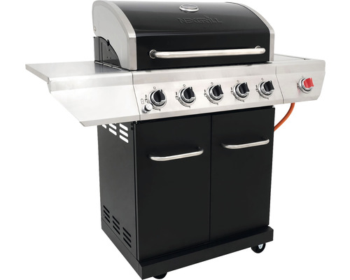 Nexgrill 5-pits gasbarbecue + zijbrander, zwart, inclusief opbergplank, dekselthermometer, geëmailleerde gietijzeren planchaplaat, vetopvangbak, grillpan, grillrooster, krachtige warmtezone, zijplank, warmhoudrek. Geëmailleerd gietijzeren grillrooste