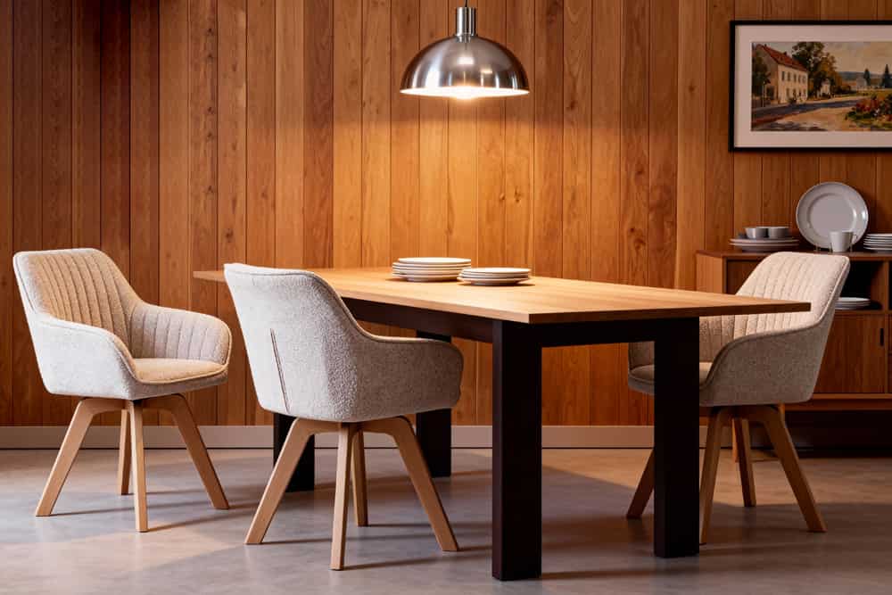 Design Stuhl LIVORNO beige Strukturstoff Massivholzbeine drehbar Auto-Return-Funktion