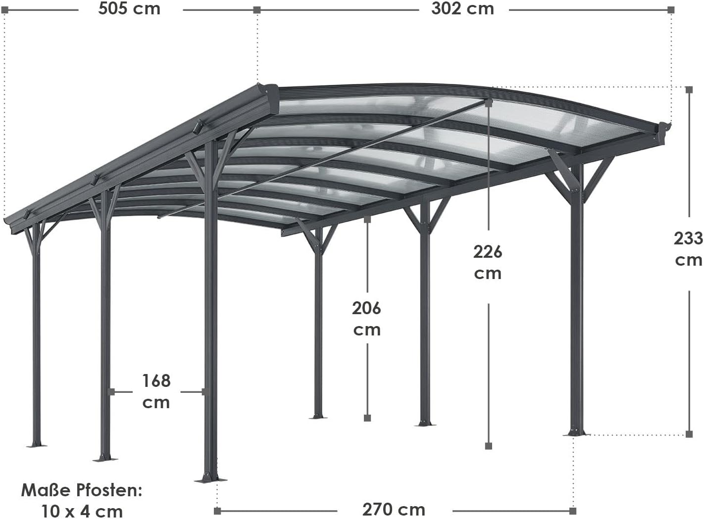 Juskys Carport mit Bogendach 5x3 m - Überdachung aus Aluminium mit Doppelstegplatten - Unterstand für Autos - freistehende Montage - Dunkelgrau