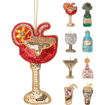 Kersthanger polyester figuur drank en glazen per stuk