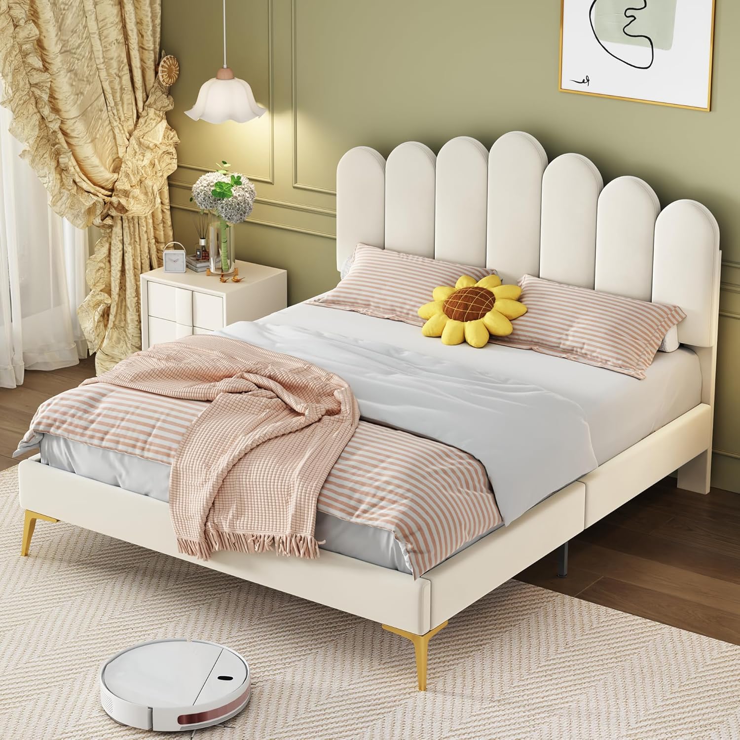 ZYLOYAL10 Polsterbett Doppelbett 140 x 200 cm, Bettgestell mit Kopfteil und Lattenrost, Erwachsenen-Jugendbett-Gästebett in hautfreundlichem Samtstoff (Beige, 140 x 200 cm)