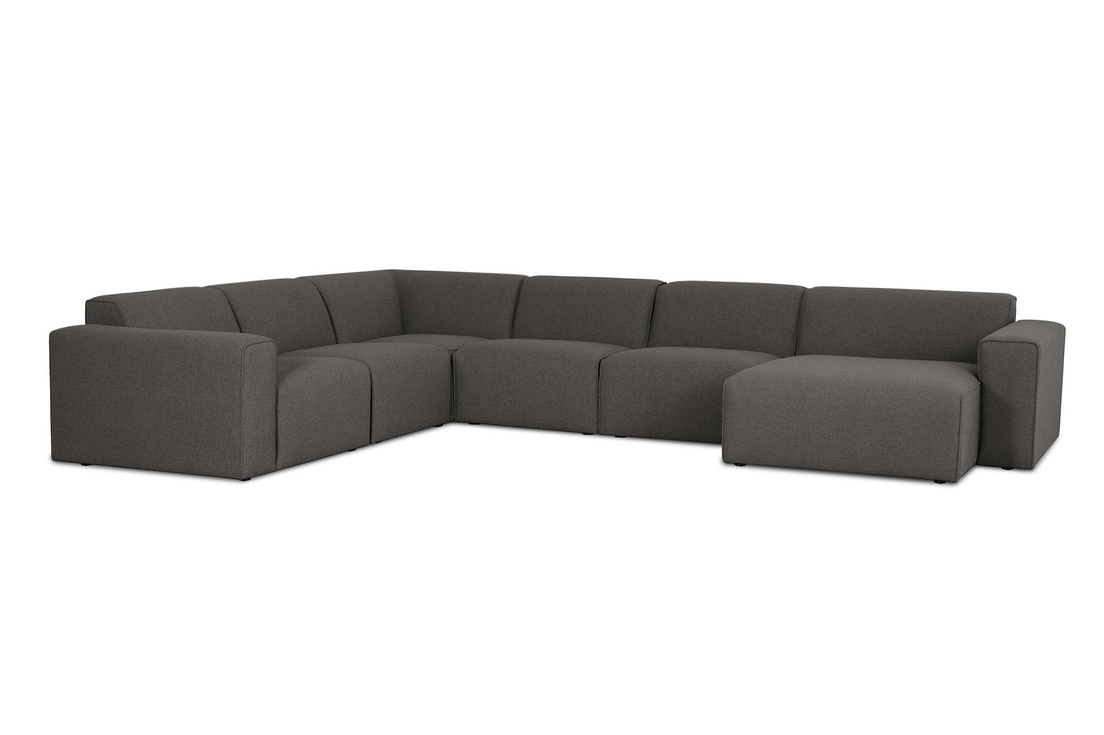 Styl U-sofa 2-seter venstre, 2-seter og sjeselong høyre. Tekstil Lombardo 7 Antracite med sorte ben.