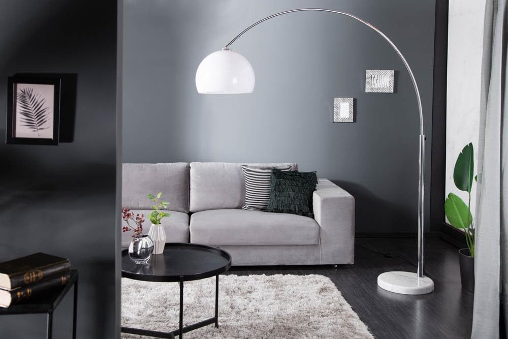 invicta INTERIOR Große Bogenlampe Lounge Deal weiß Marmor Fuß Stehlampe Bogenleuchte ausziehbar E27 Wohnzimmerlampe auch für LED