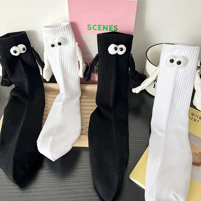 (1 Paar) Unisex Socken Fashion Strümpfe Couple Socks Füsslinge mit Augen / Magnetischen Händen (One Size) - Weiss