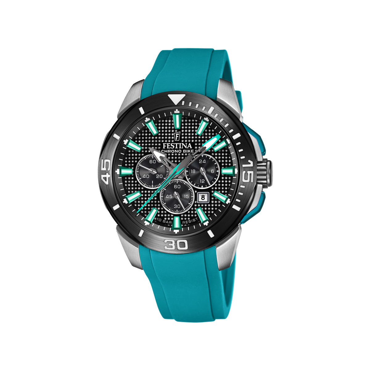 Montre FESTINA Chronobike homme chronographe acier bracelet caoutchouc bleu turquoise