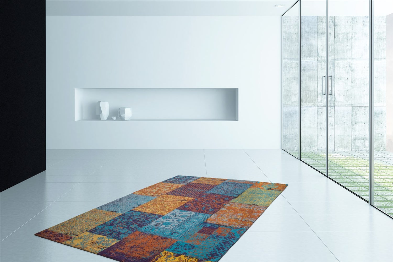 Allura Multi vlakpolig tapijt, katoen, retrodesign, patchworkdesign, handgeweven, jacquard, chenille, 80 x 150 cm