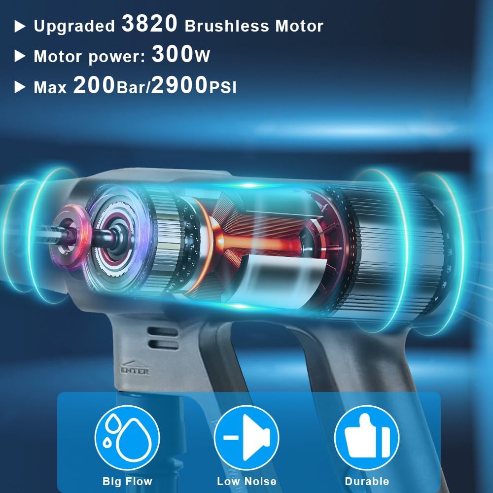 Mobiler Akku Hochdruckreiniger mit Akku 4000Mah x 2, Max 200Bar/2900Psi mit Bürstenlosen, Tragbar Druckreiniger Hochdruckpistole mit 6-In-1 Multifunktionale Düse für Bewässerung, Autowäsche