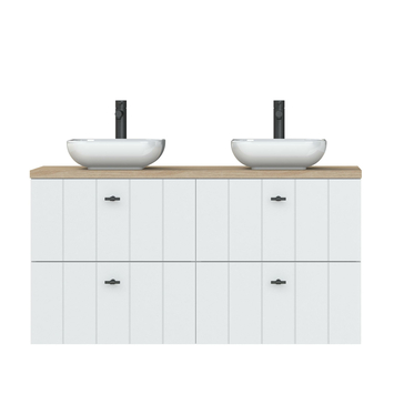 Tiger Maryport Badkamermeubelset 120 cm Mat wit met licht eiken houten wasblad, keramische opzetkom en matzwarte grepen
