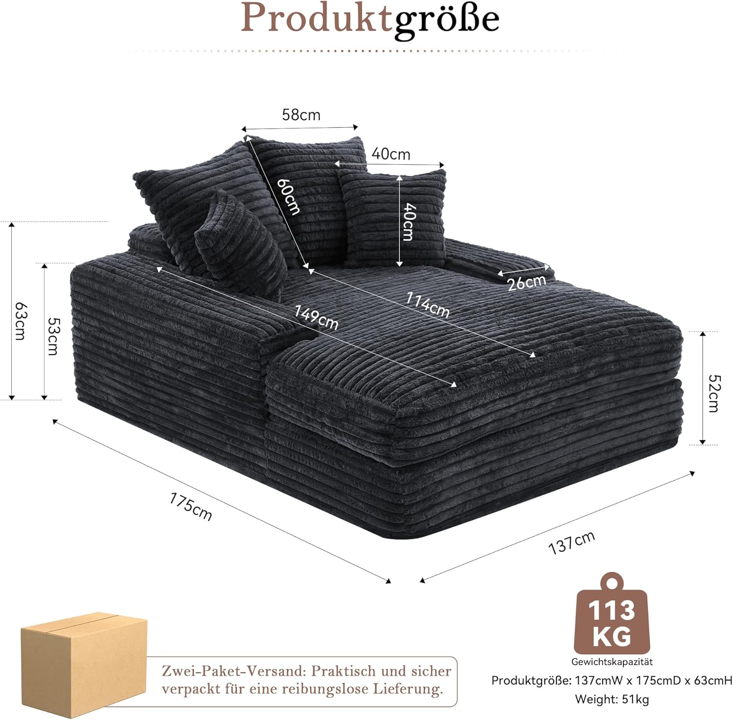 Cord Samt Lounge Sofa, 137x175 cm, Daybed & Lounger für Wohnzimmer, 2-Sitzer Couch, Extra Bequemes Sofa zum Liegen, Zum Ausstrecken und Entspannen, Grau