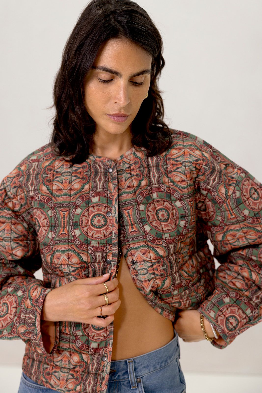 Groene oversized bomber jas met mozaïek print