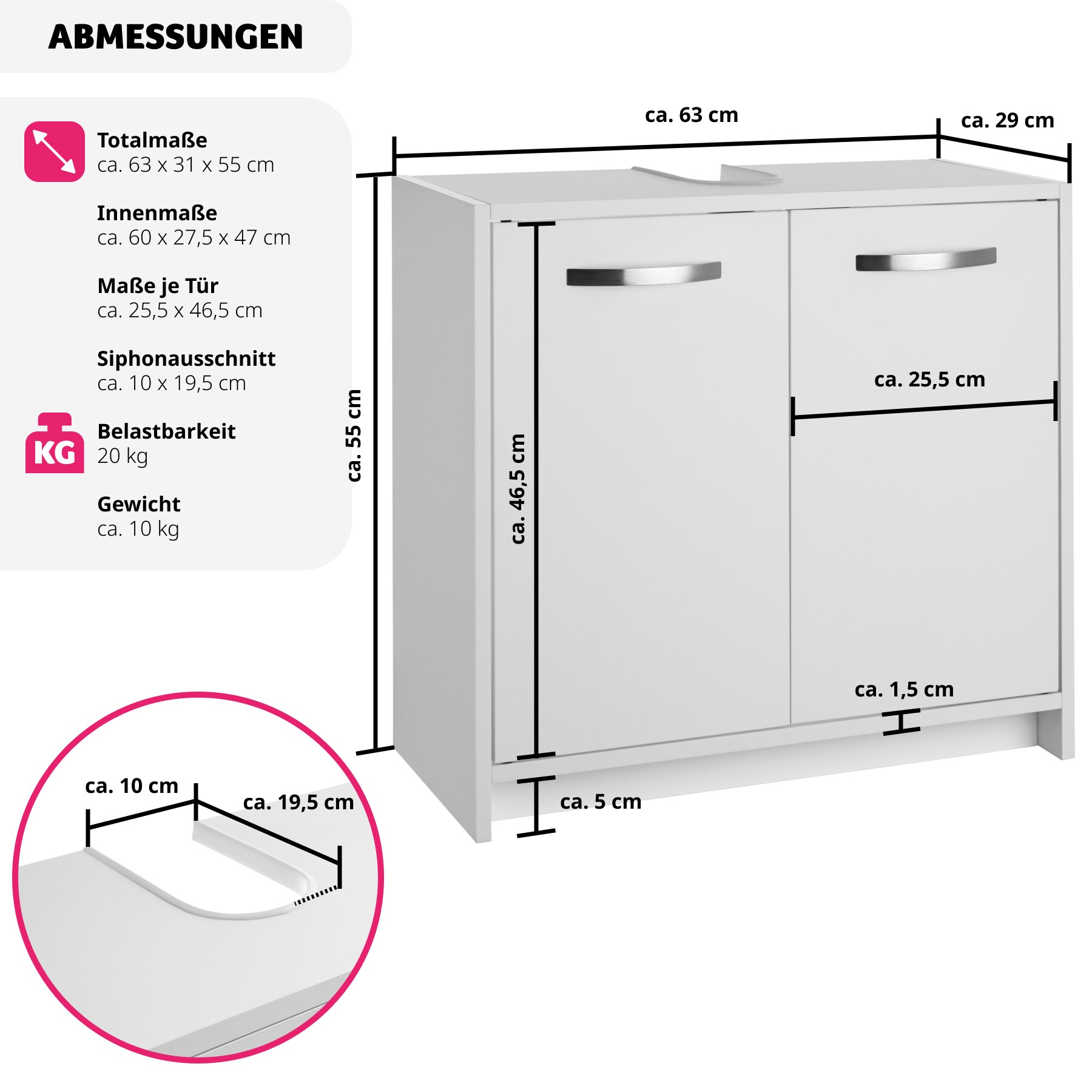 tectake® Waschbeckenunterschrank, großer Stauraum, 2 leichtgängige Flügeltüren, 63 x 31 x 55 cm