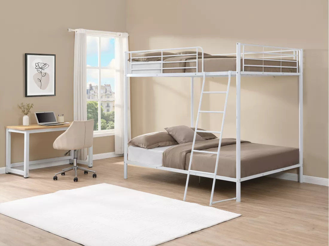 Lits superposés 2 x 140 x 190 cm - Métal - Blanc + Matelas - GEMINI II