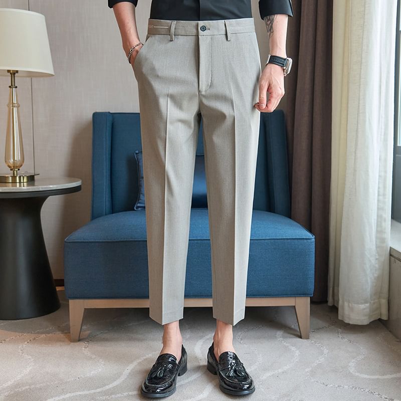 Deepwood - Mid Rise Plain Cropped Tapered Dress Pants