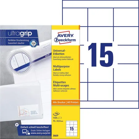Avery Zweckform 3669 Universal-Etiketten,A4 mit ultragrip,Adressaufkleber 70 x 50,8 mm, 100 Bogen/1.500 Etiketten, weiß