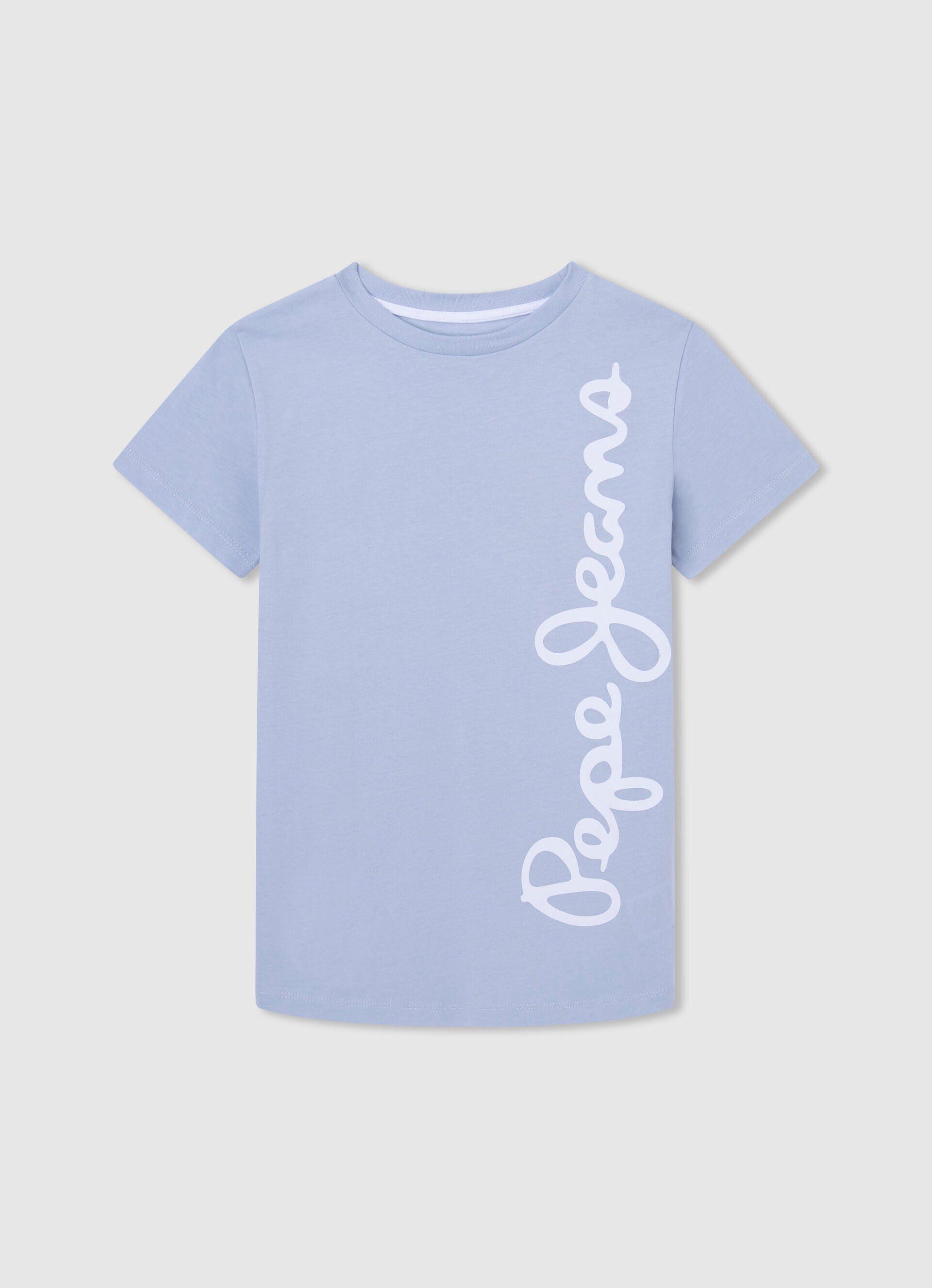 Camiseta de algodão com logo vertical - azul claro
