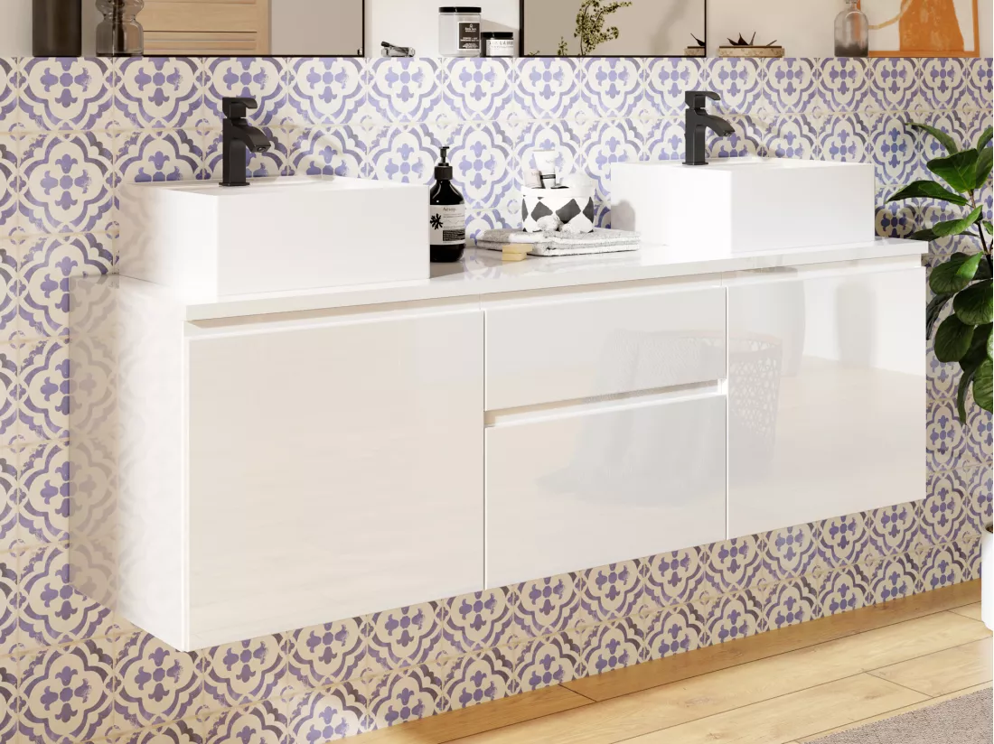 Meuble de salle de bain suspendu avec double vasque - Blanc - 150 cm - JIMENA II