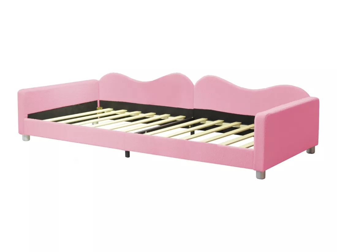 Lit banquette capitonné - 90 x 200 cm - 2 tiroirs - tissu peluche - sommier à lattes - pour enfant ou bébé - rose