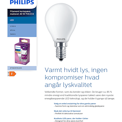 Philips LED kronepære 40W - varmt hvidt lys