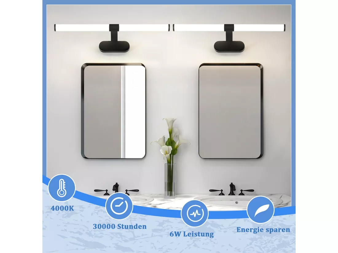 NETTLIFE Applique LED salle de bain， LED lampe à miroir 4000K blanc neutre , IP44,8W ,60CM  - noir lampe murale moderne étanche lampe murale