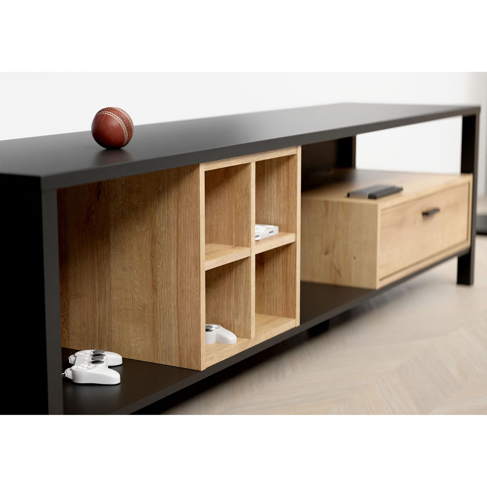 TV-Unterschrank - Riviera Eiche - schwarz - 181 cm breit