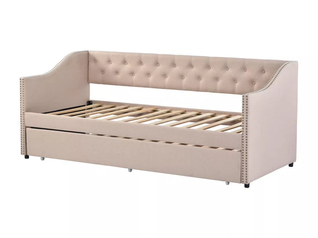 Lit gigogne lit banquette 90x200cm en lin avec sommier à lattes - Beige