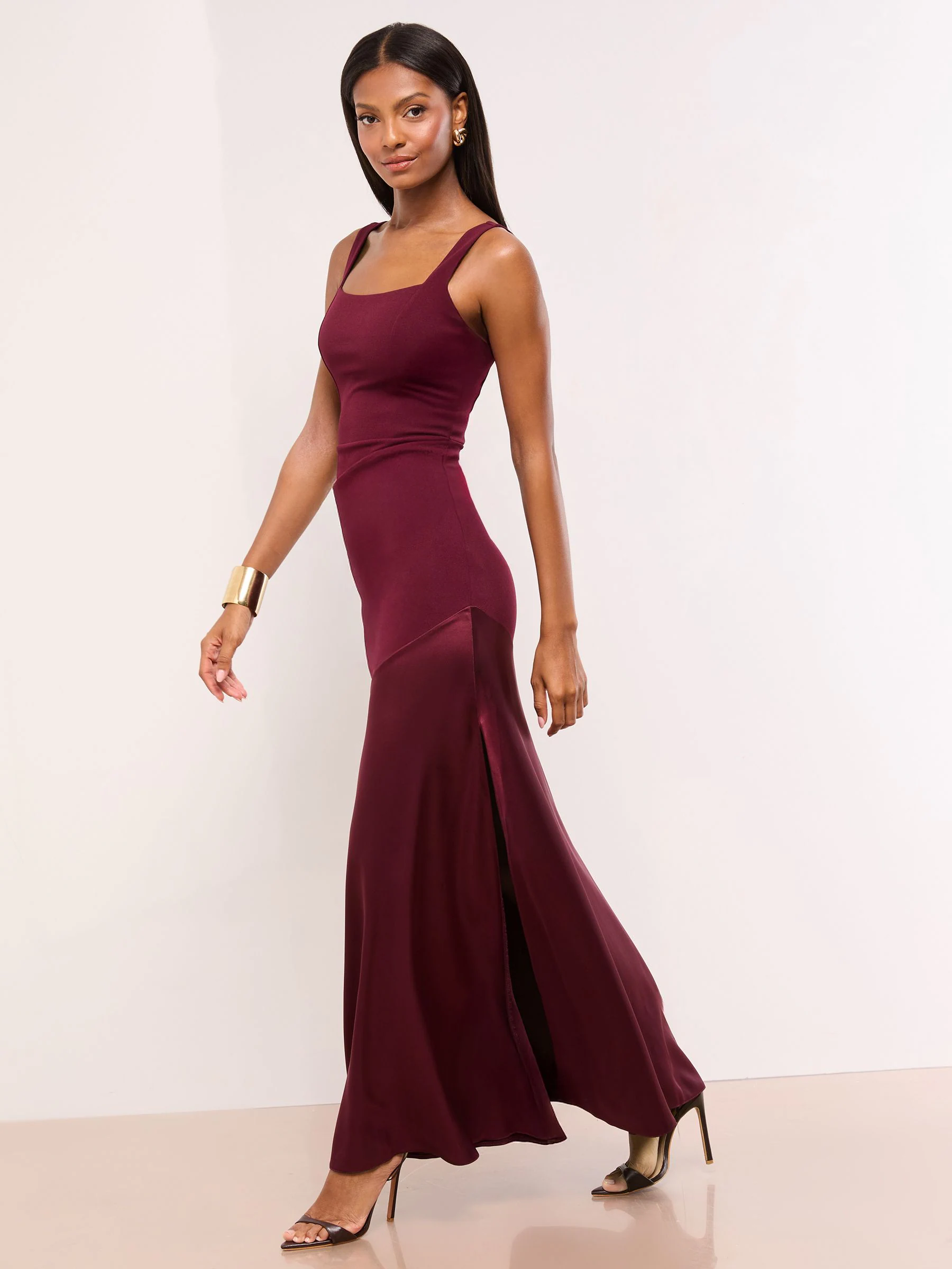 Lipsy Satin Mix Structured Fishtail Bridesmaid Maxi Dress