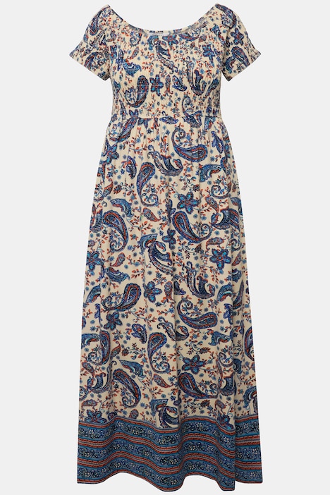 Jersey-Maxikleid, A-Linie, Paisleydruck, gesmokte Büste, Halbarm