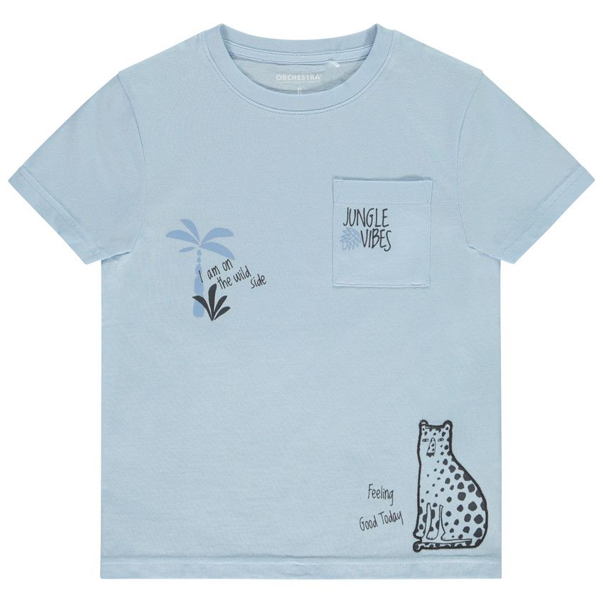 T-shirt manches courtes motif félin et poche pour garçon - Bleu