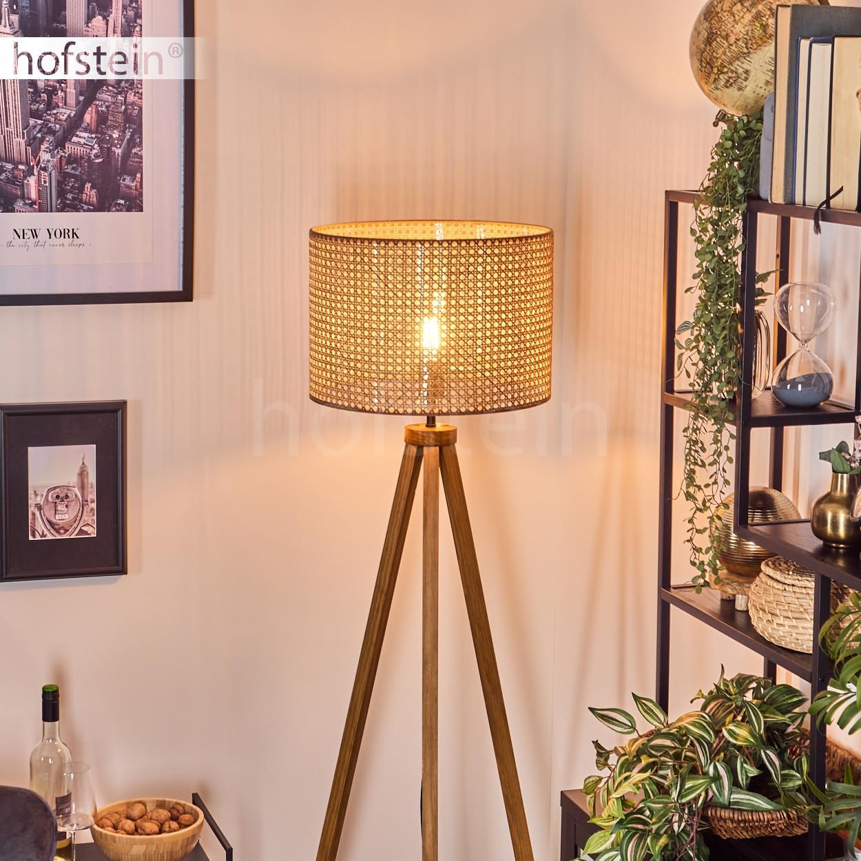 Stehleuchte Barcos, Stehlampe aus Holz/Wiener Geflecht/Rattan in Naturfarben/Schwarz, Leuchte im skandinavischen Design mit rundem Schirm (Ø 40cm) u. Fußschalter, Höhe 154cm, 1x E27, ohne Leuchtmittel