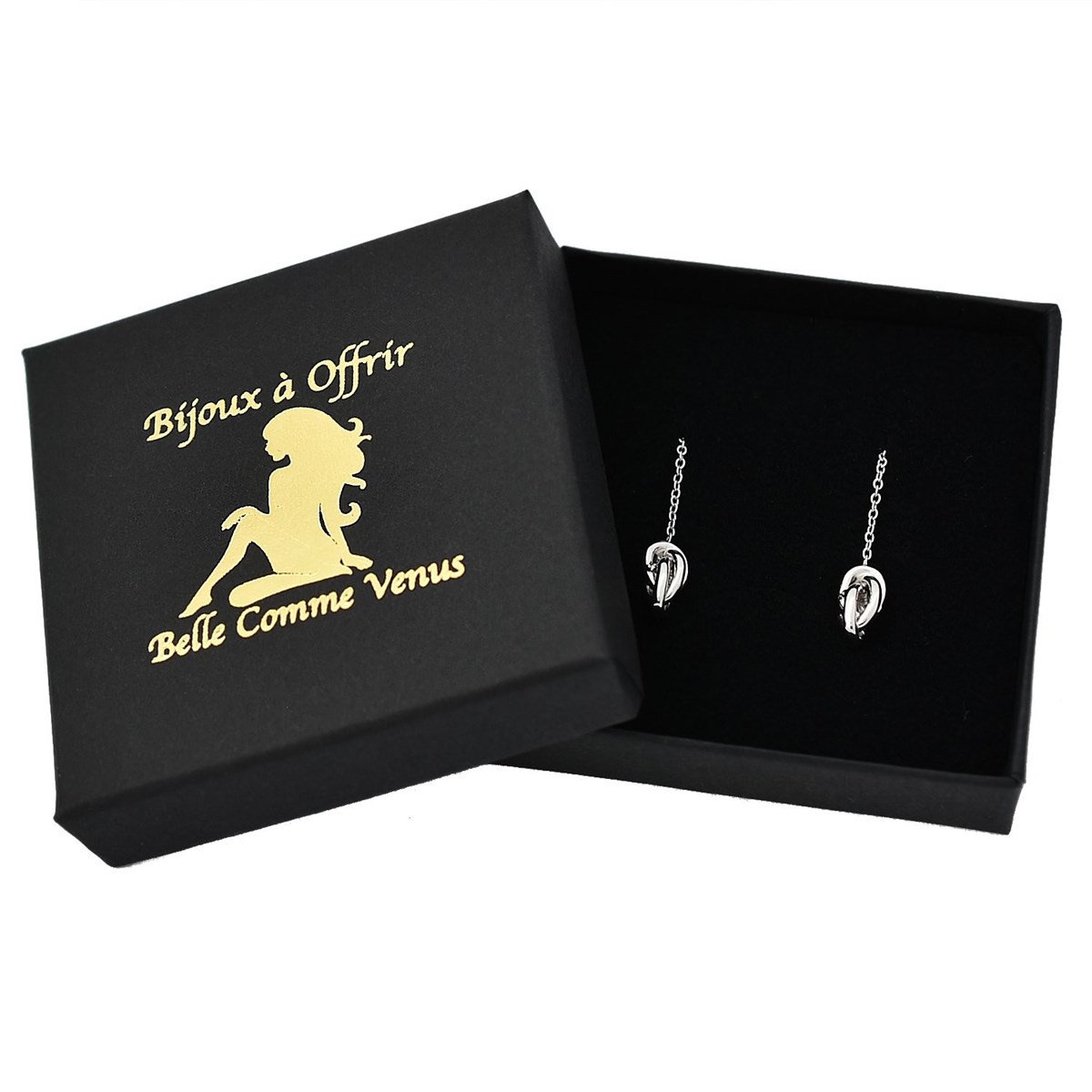 Boucles d'oreilles traversantes noeud tombant avec chaînette Argent 925 Rhodié