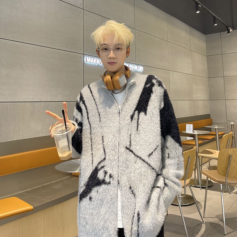 Hushgrain - Mock Neck Color Block Fluffy Zip Cardigan
