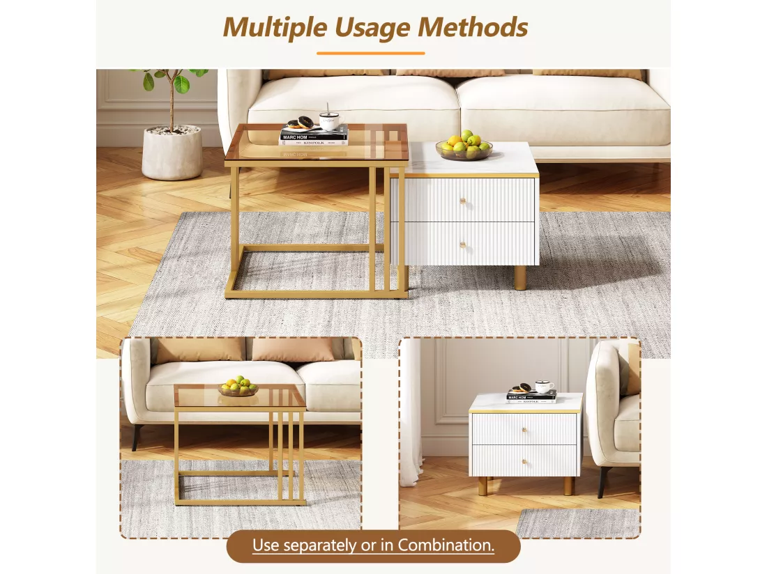 Lot de 2 tables basses gigognes carrées avec 2 tiroirs - 59,5x60x45,6cm + 50x50x40cm - Motif à marbre - Bois MDF et métal - Blanc + or