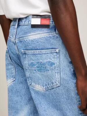 Calça jeans unissex de perna larga com lavagem descolorida