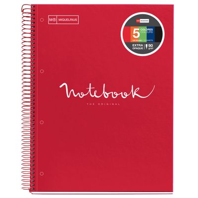 Notebook Emotions, couverture rigide, A4 lignes horizontales 7 mm, 120 feuilles de 5 couleurs, Miquelrius, Rouge.