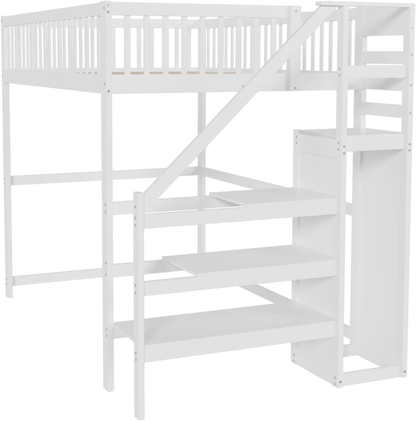 Merax Hochbett 1-Plätzig 140 x 200 cm, Multifunktionales Hochbett für Kinder mit Kleiderschrank und Treppe, Weiß (ohne Matratze)