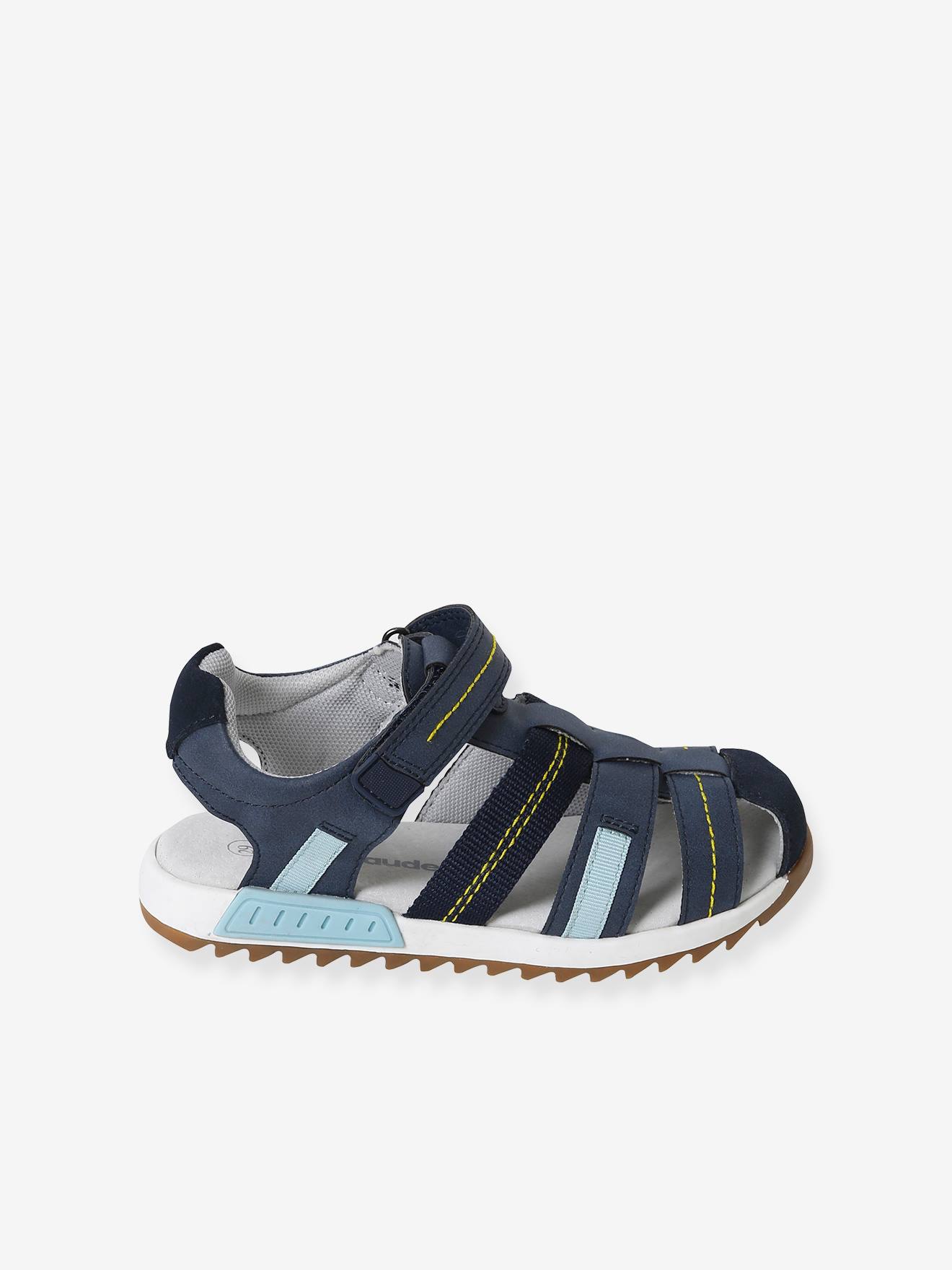 Sandálias fechadas para meninos, lisas, azul-escuras com estampas.