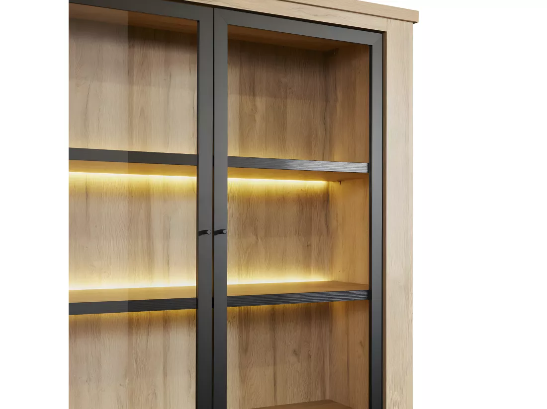 LORENZO - Argentier 4 Portes avec Leds Aspect Bois Chêne Clair Finition French Oak