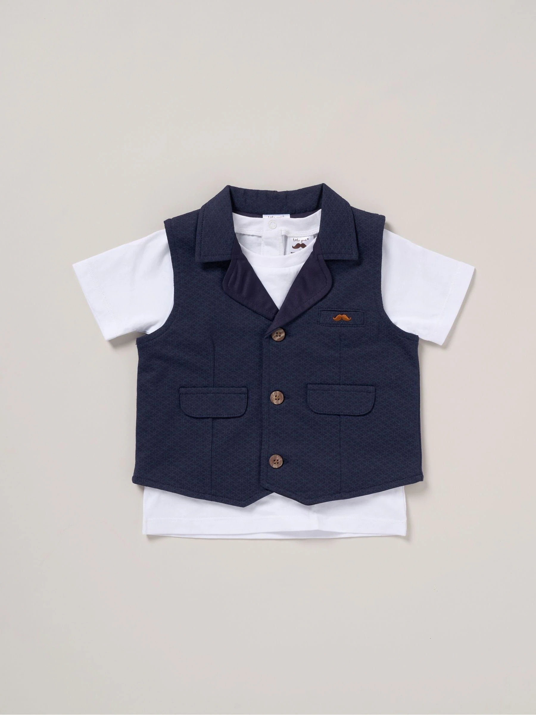 Blauw - Little Gent 100% Cotton Shirt, Waistcoat & Shorts Set