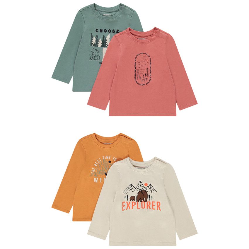 Lot de 4 t-shirts manches longues prints fantaisie pour bébé garçon - Multicolore