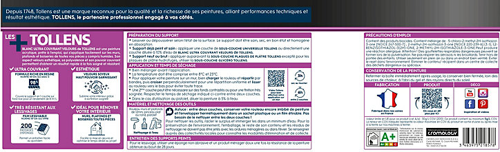 Peinture Tollens ultra couvrant murs, plafonds et boiseries velours blanc 2,5L