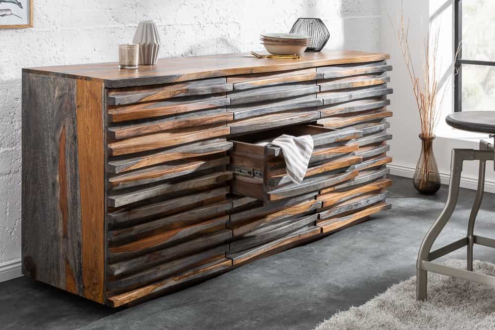 Massivholz Sideboard RELIEF 160cm Sheesham grau smoke finish Kommode mit Schubladen