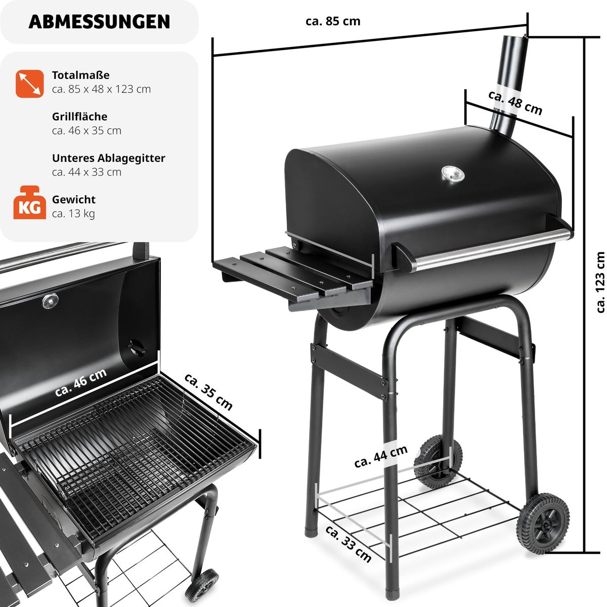 tectake houtskoolgrill met 2 wielen, 85 x 48 x 123 cm
