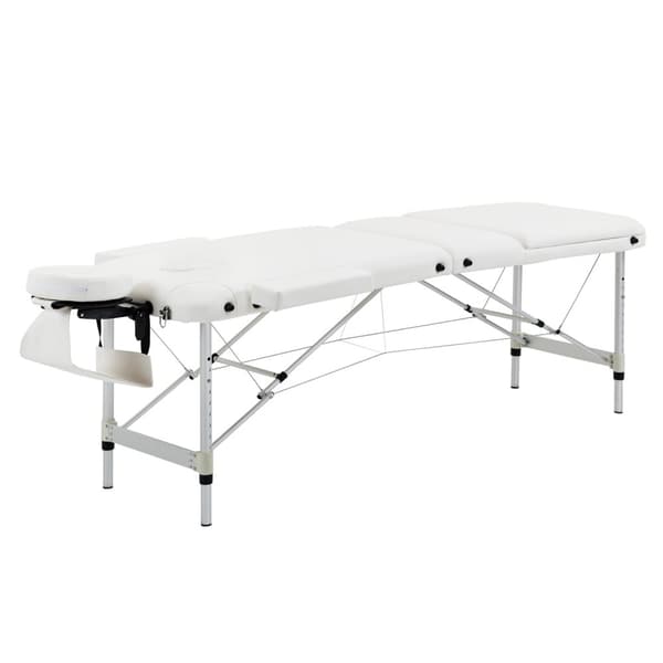 Sammenleggbart massasjebord, høydejusterbart med pute for salong og spa, plast og aluminium, hvit, 215 x 60 x 61-84 cm
