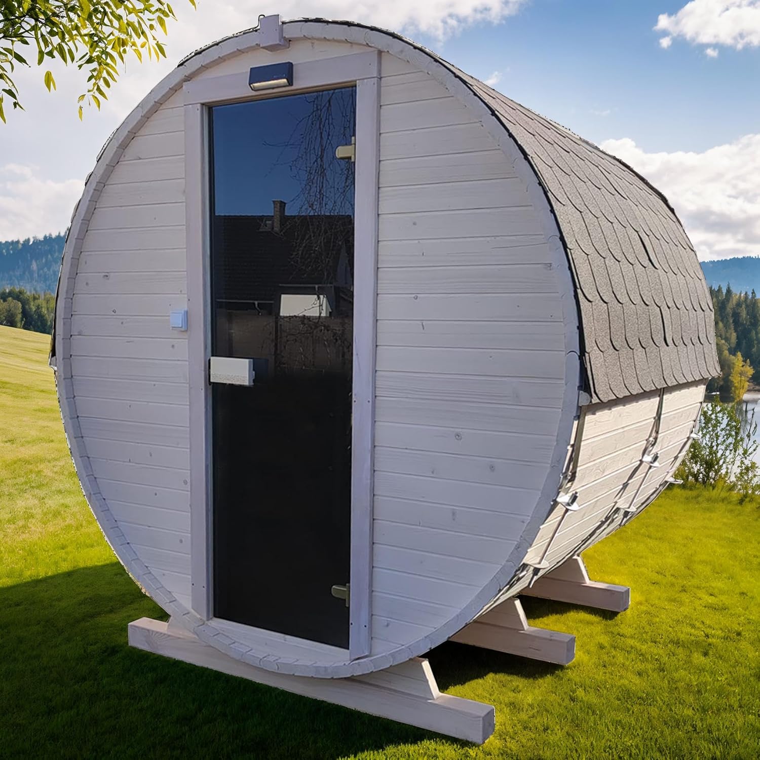 Gartensauna Fasssauna aus Holz für 4 Personen, Rund | Mit LED-Beleuchtung Außensauna für Garten & Terrasse (‎Dachfarbe: Braun, Weiß)